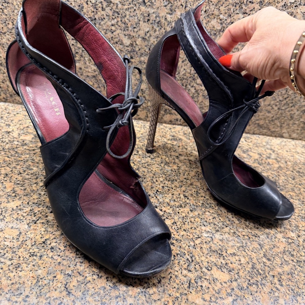 Coach Shoes Womens Size 10 Black Leather D'Orsay Lace Up Peep Toe Stiletto Heels